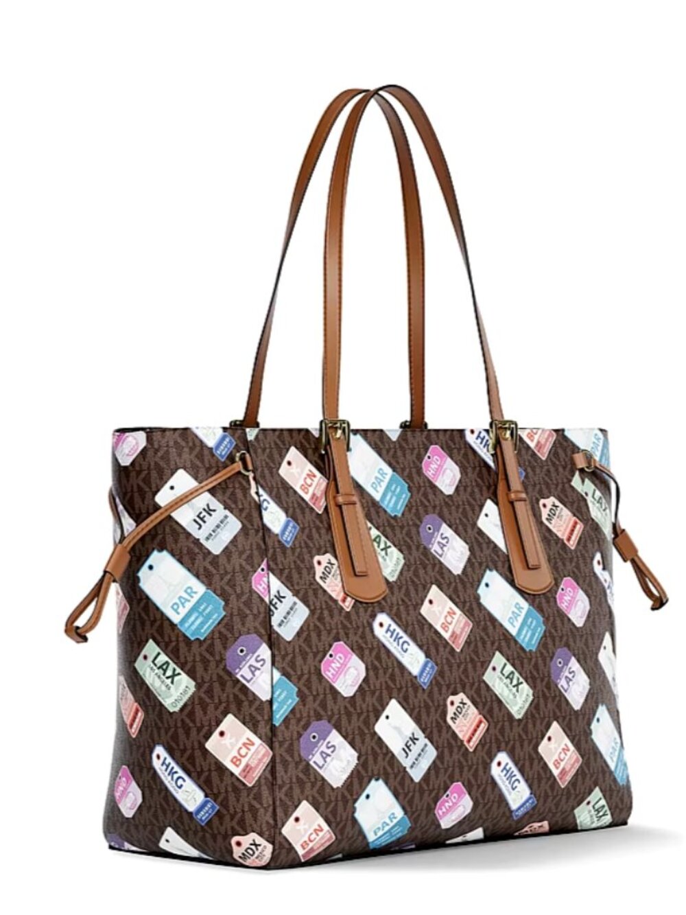 New Michael Kors Voyager Large Printed Signature Logo Tote Bag Brown Multi